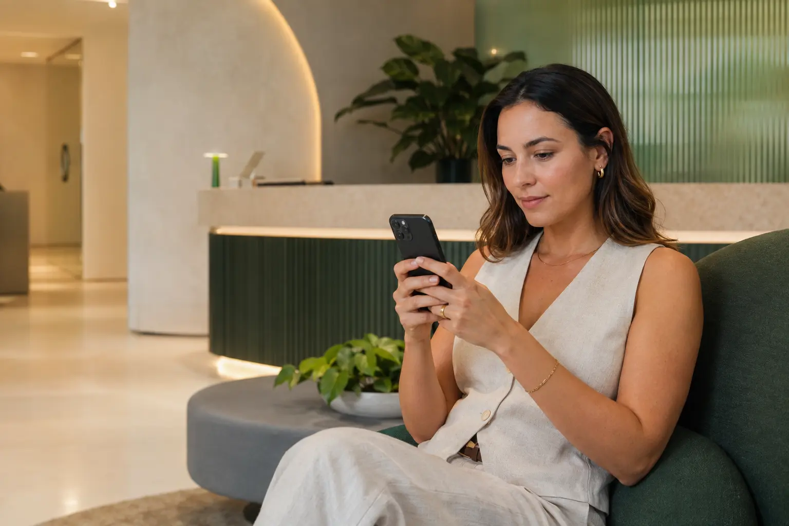 Paciente usando o WhatsApp na recepção de uma clínica